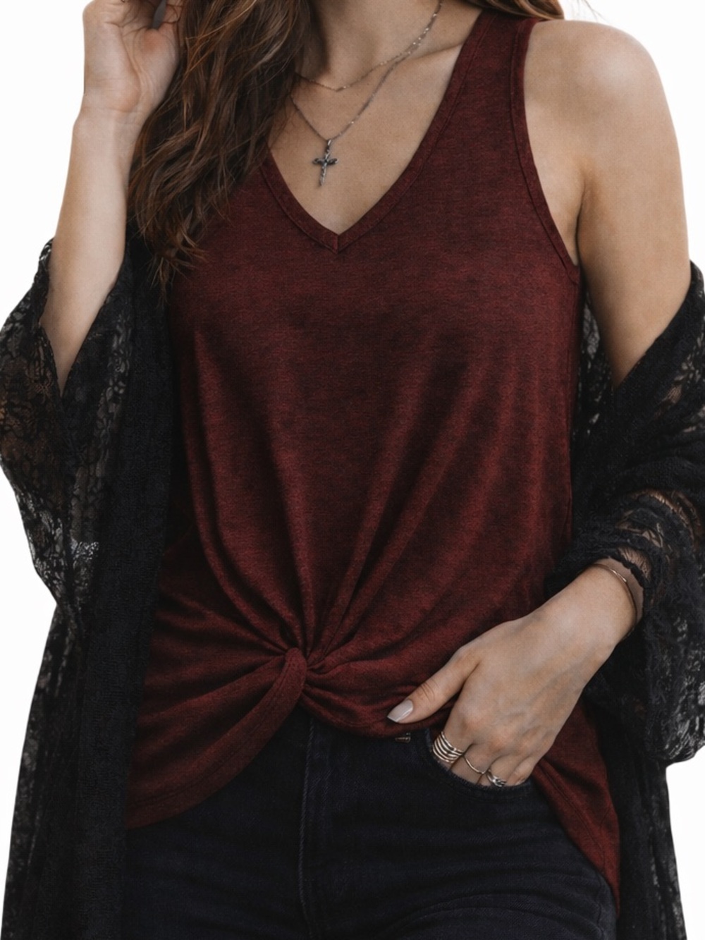 Twist Front Tank Top Red Knot Front Sleeveless V Neck Casual Romantic Whimsical